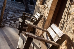 Wood benches at sunset.